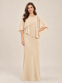 Dusty Blue Cape Sleeve Mother of the Bride Dress with Asymmetrical Overlay
