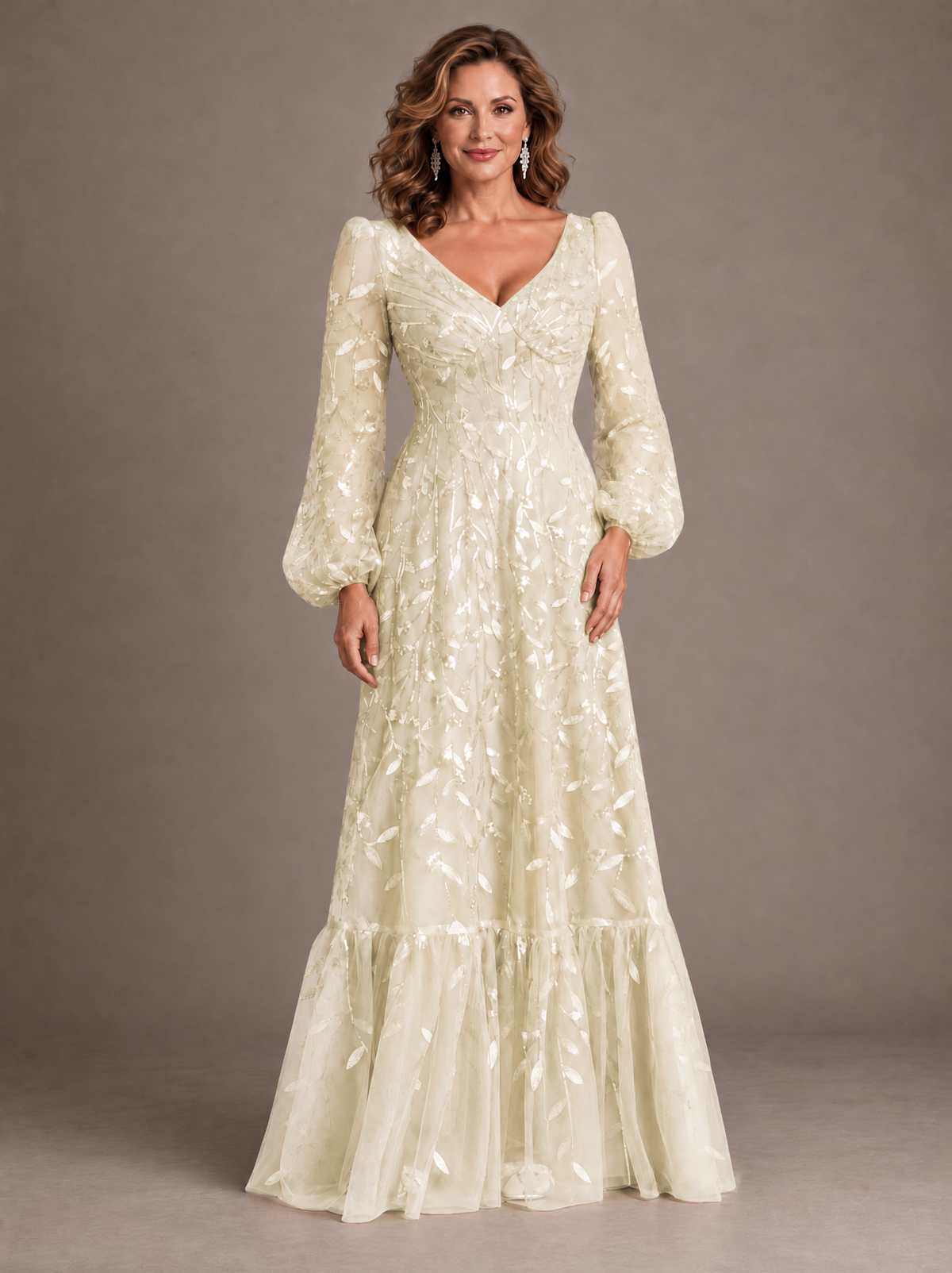 Dusty Rose Floral Embroidered A-Line Mother of the Bride Dress with Long Sleeves