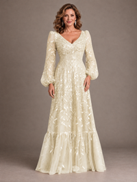 Dusty Rose Floral Embroidered A-Line Mother of the Bride Dress with Long Sleeves