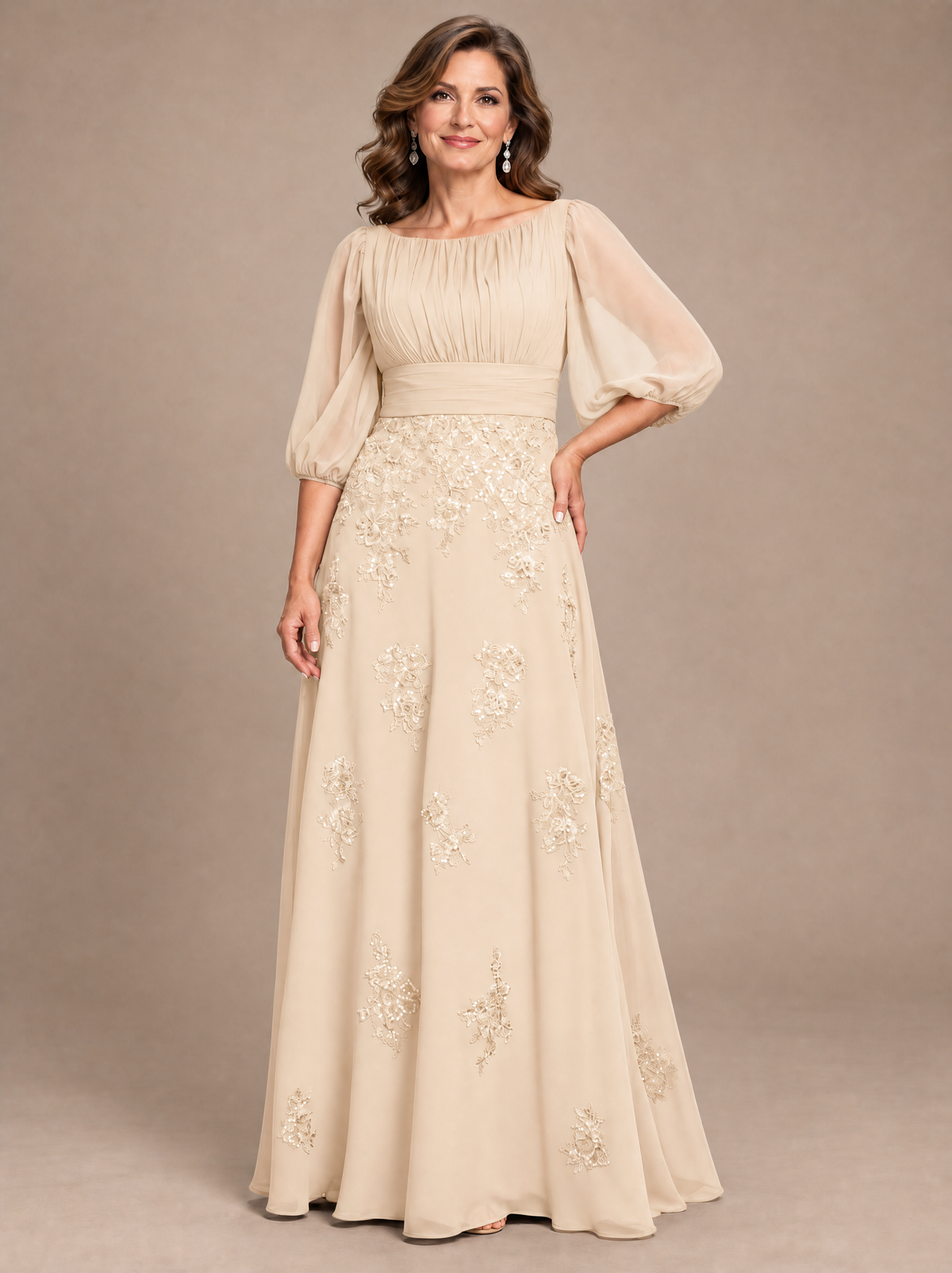 Navy Blue A-Line Mother of the Bride Dress with Sheer Puff Sleeves