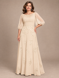 Navy Blue A-Line Mother of the Bride Dress with Sheer Puff Sleeves