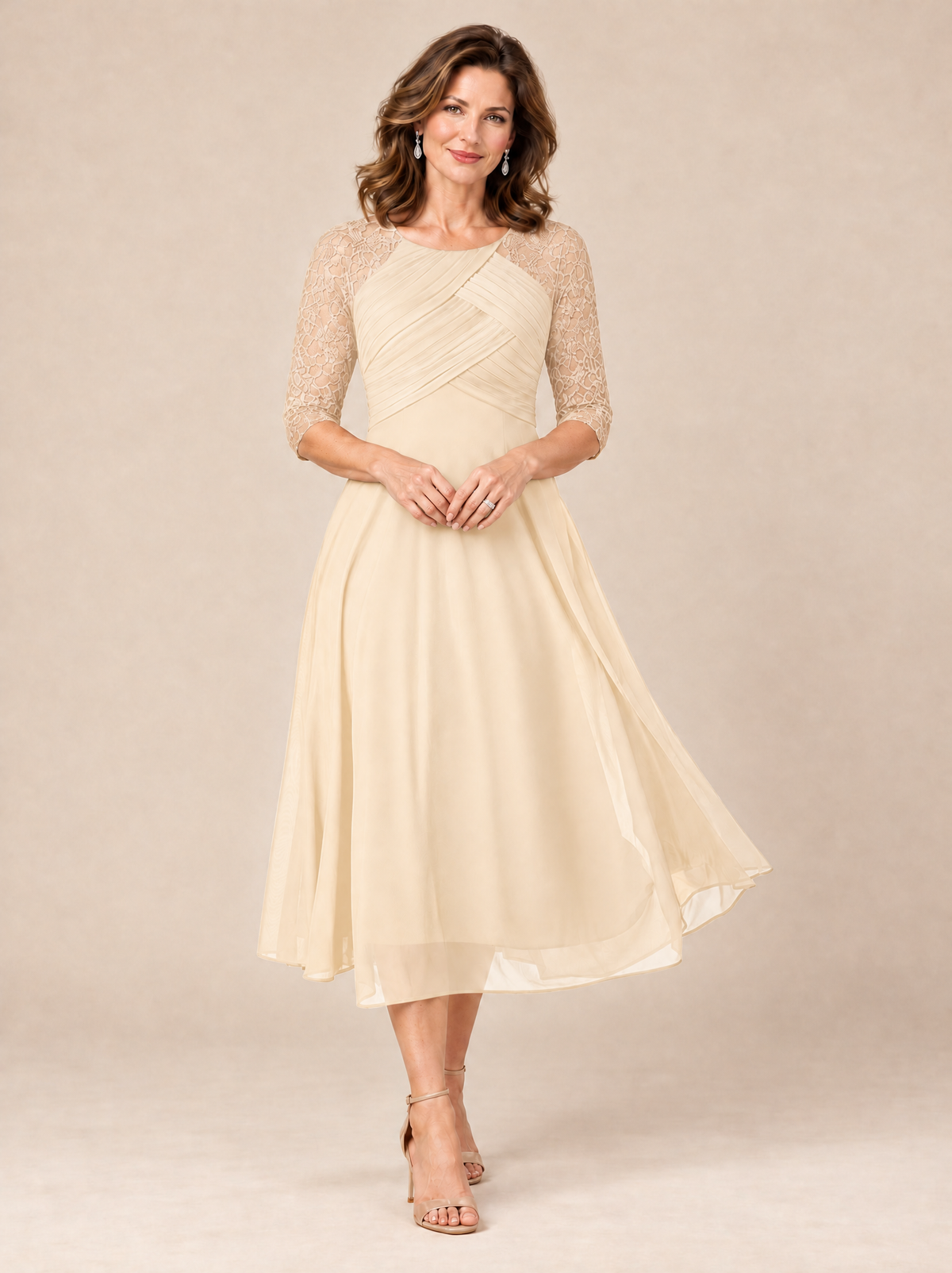 Dusty Blue Tea-Length Mother of the Bride Dress with Lace 3/4 Sleeves
