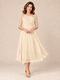 Dusty Blue Tea-Length Mother of the Bride Dress with Lace 3/4 Sleeves