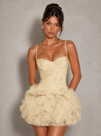 Pink Corset Mini Dress with Floral Applique & Tulle Ruffles