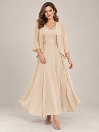 Dusty Blue Floral Lace Chiffon Mother of the Bride Dress with Jacket