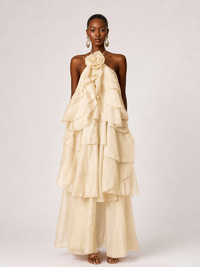Orange Chiffon Halter Ruffle Maxi Dress with 3D Flower