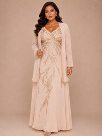 Champagne Beaded Chiffon Mother of the Bride Dress with Jacket V-Neck Gown