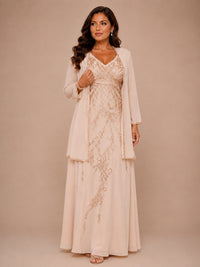Champagne Beaded Chiffon Mother of the Bride Dress with Jacket V-Neck Gown