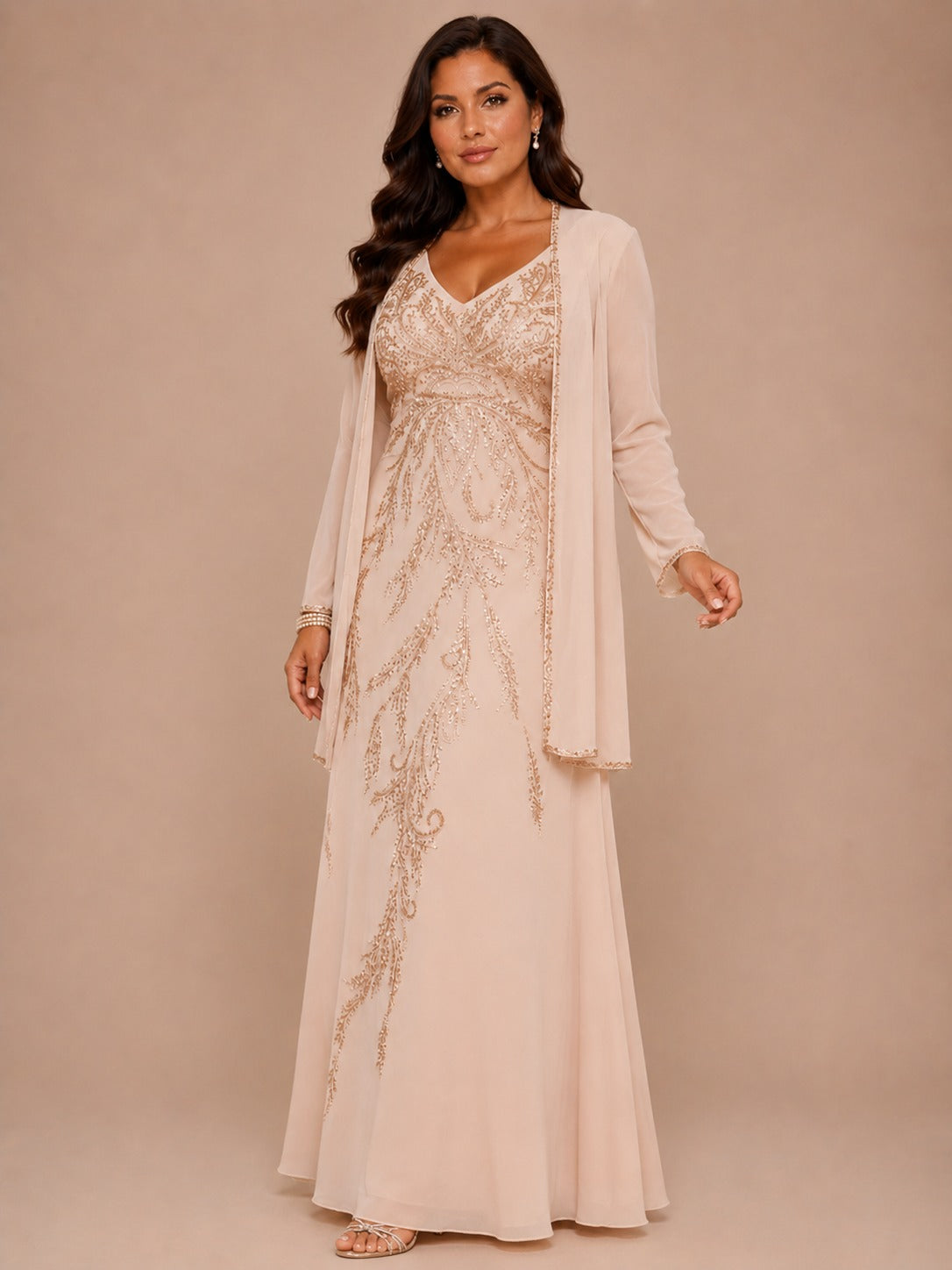 Champagne Beaded Chiffon Mother of the Bride Dress with Jacket V-Neck Gown
