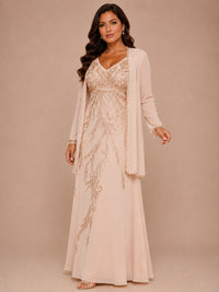 Champagne Beaded Chiffon Mother of the Bride Dress with Jacket V-Neck Gown