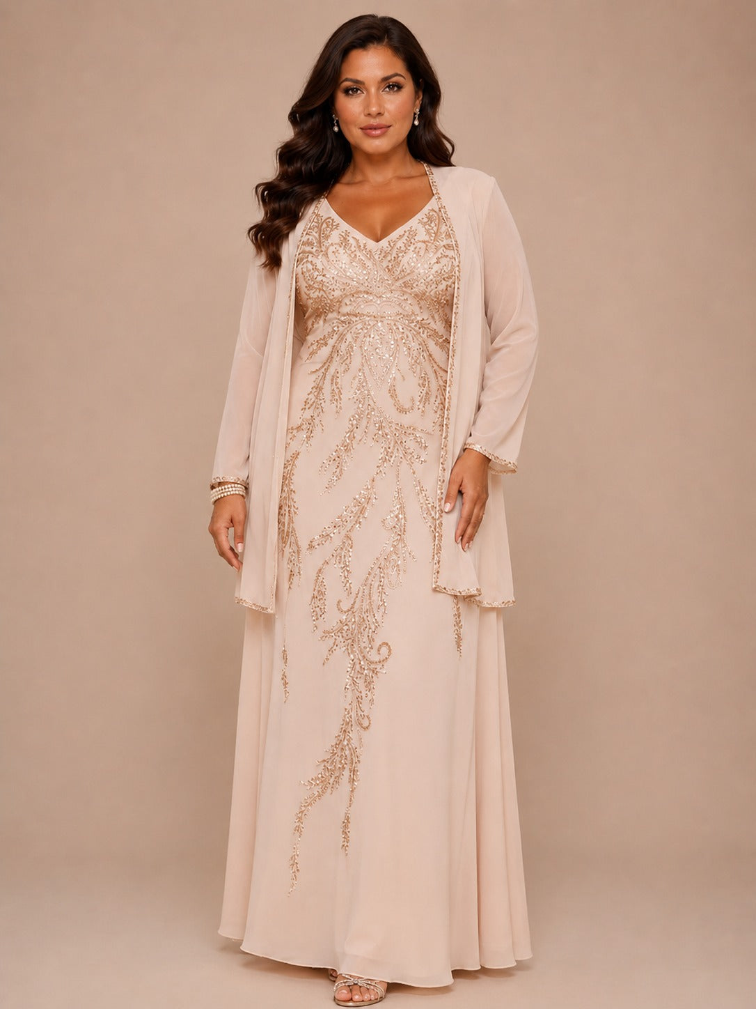 Champagne Beaded Chiffon Mother of the Bride Dress with Jacket V-Neck Gown