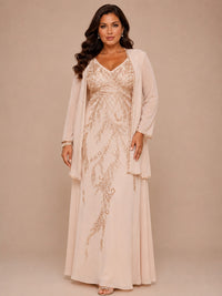 Champagne Beaded Chiffon Mother of the Bride Dress with Jacket V-Neck Gown