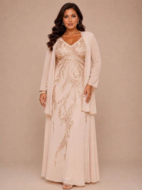 Champagne Beaded Chiffon Mother of the Bride Dress with Jacket V-Neck Gown