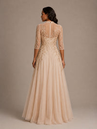 Champagne Embellished Mother of the Bride Dress with 3/4 Sleeves
