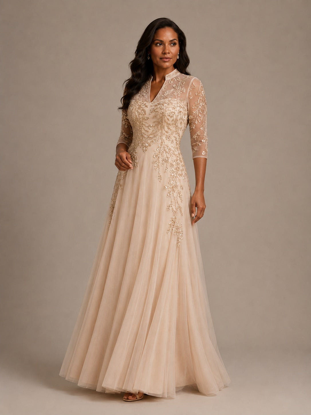 Champagne Embellished Mother of the Bride Dress with 3/4 Sleeves