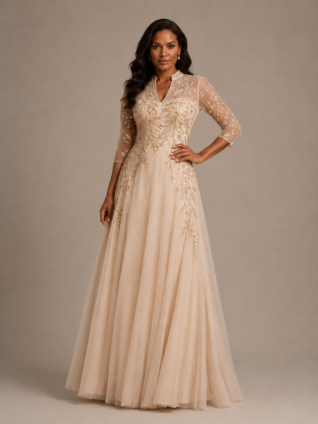 Champagne Embellished Mother of the Bride Dress with 3/4 Sleeves