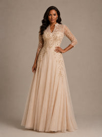Champagne Embellished Mother of the Bride Dress with 3/4 Sleeves