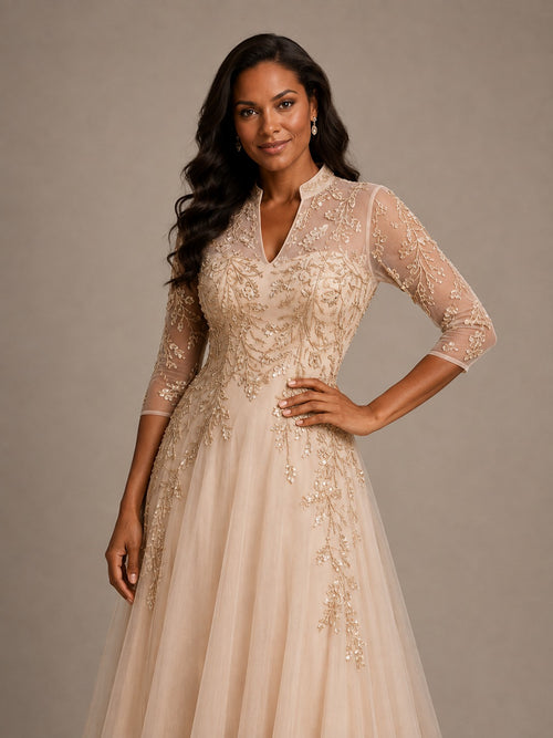 Champagne Embellished Mother of the Bride Dress with 3/4 Sleeves