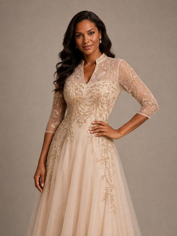 Champagne Embellished Mother of the Bride Dress with 3/4 Sleeves