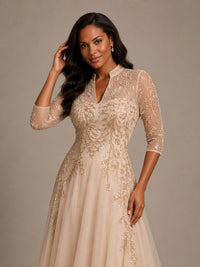 Champagne Embellished Mother of the Bride Dress with 3/4 Sleeves