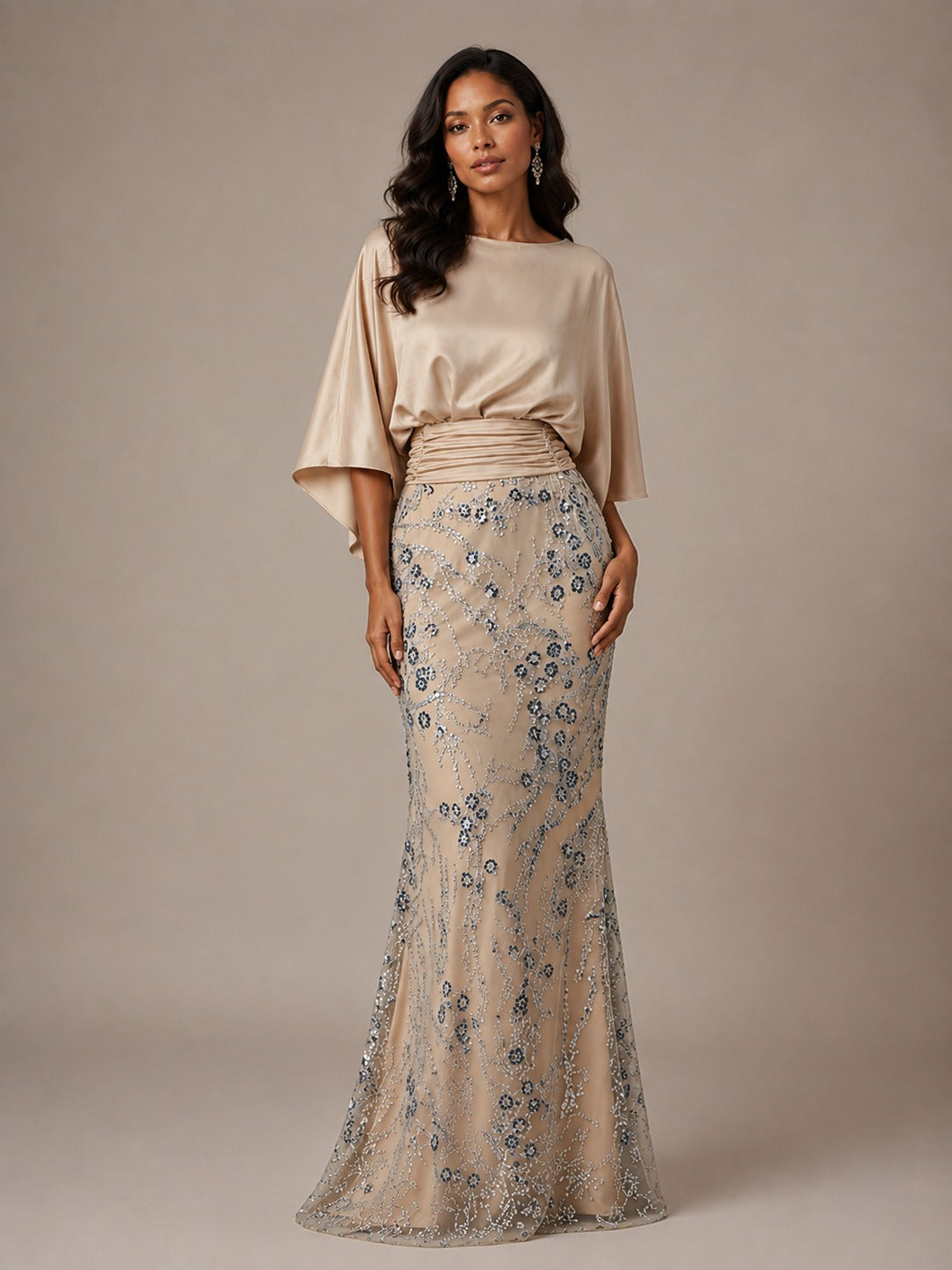 Champagne Embellished Mother of the Bride Dress with Cape Sleeves