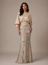 Champagne Embellished Mother of the Bride Dress with Cape Sleeves