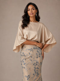 Champagne Embellished Mother of the Bride Dress with Cape Sleeves