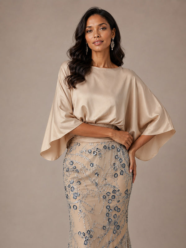 Champagne Embellished Mother of the Bride Dress with Cape Sleeves