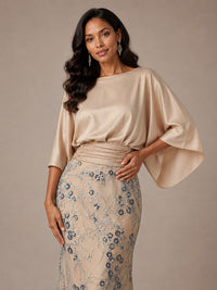 Champagne Embellished Mother of the Bride Dress with Cape Sleeves