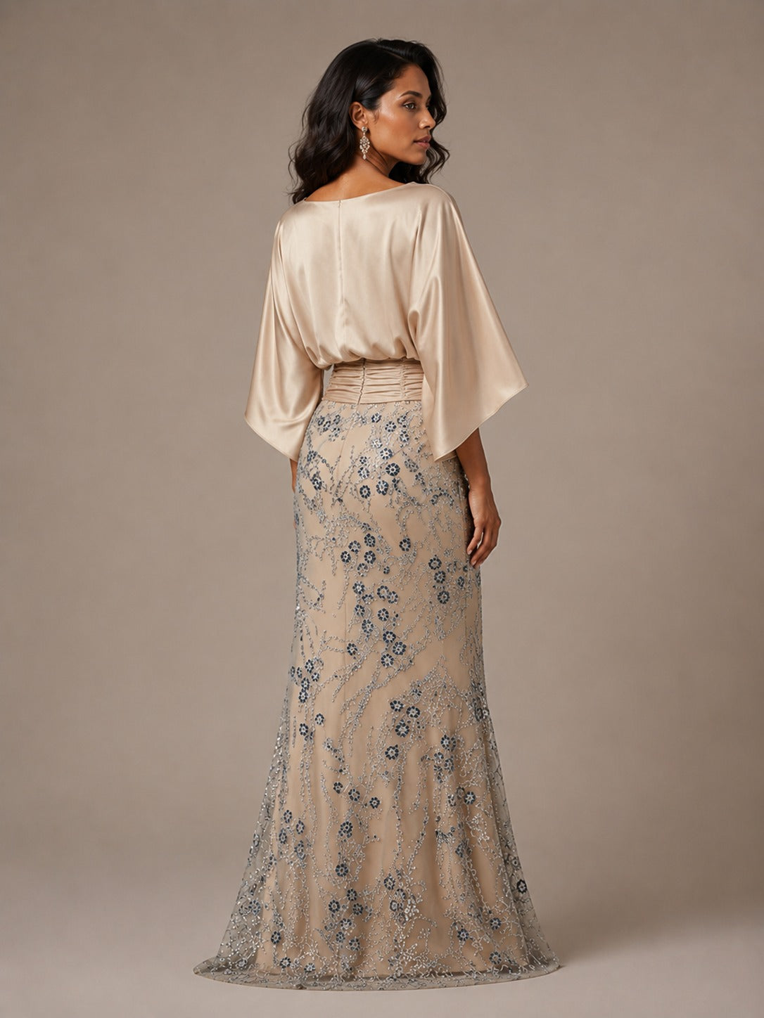 Champagne Embellished Mother of the Bride Dress with Cape Sleeves