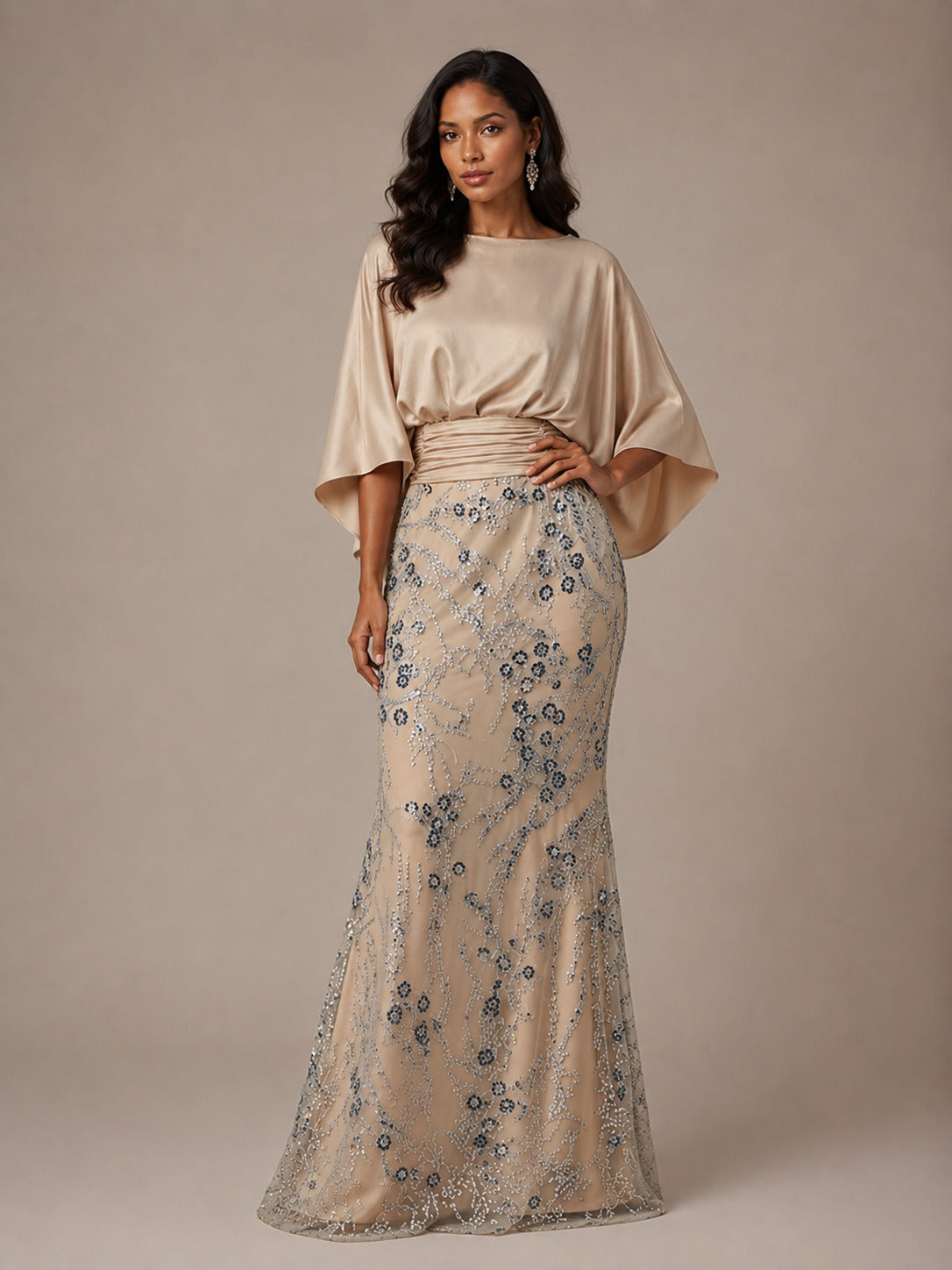 Champagne Embellished Mother of the Bride Dress with Cape Sleeves