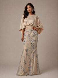 Champagne Embellished Mother of the Bride Dress with Cape Sleeves