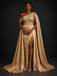 Champagne One Shoulder Beaded Prom Dress with Cape