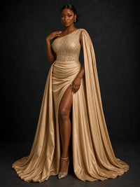 Champagne One Shoulder Beaded Prom Dress with Cape