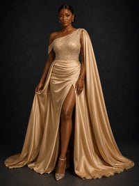 Champagne One Shoulder Beaded Prom Dress with Cape