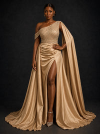 Champagne One Shoulder Beaded Prom Dress with Cape