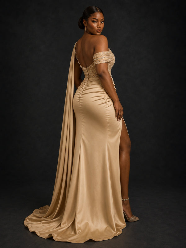 Champagne One Shoulder Beaded Prom Dress with Cape
