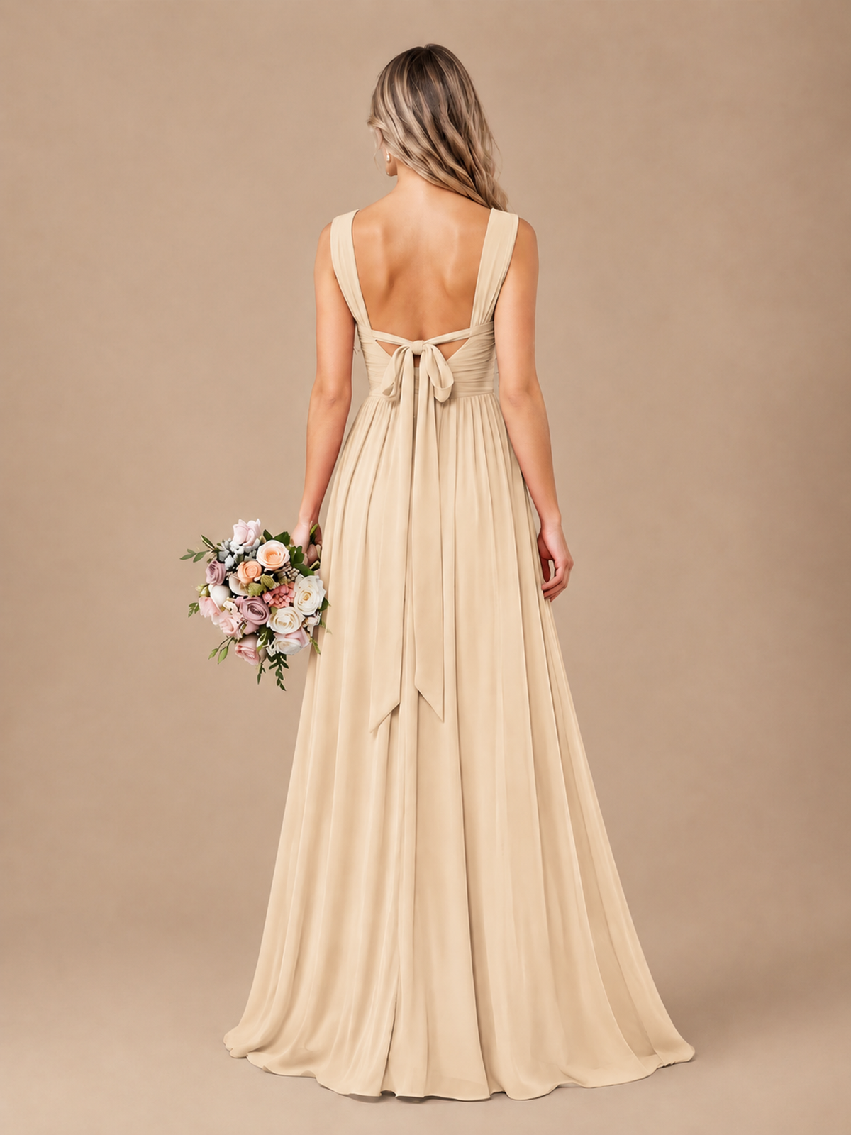 Pleated Chiffon V Neck Wedding Bridesmaid Dresses Floor Length with Slit
