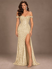 Off the Shoulder Corset Sequin Mermaid Prom Dress with Slit