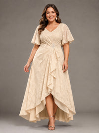 Jacquard Chiffon A-Line V-Neck High-Low Mother of the Bride Dress