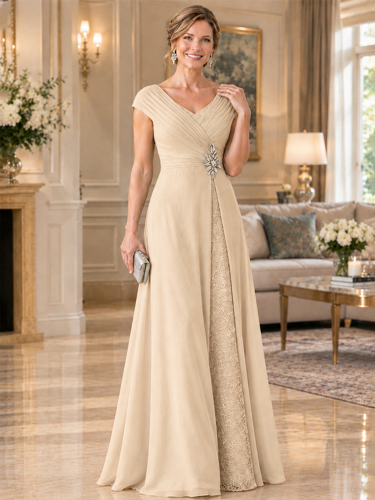 Pleated Chiffon Lace Mother of The Bride Dresses with Beading Cap Sleeves