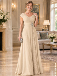 Pleated Chiffon Lace Mother of The Bride Dresses with Beading Cap Sleeves