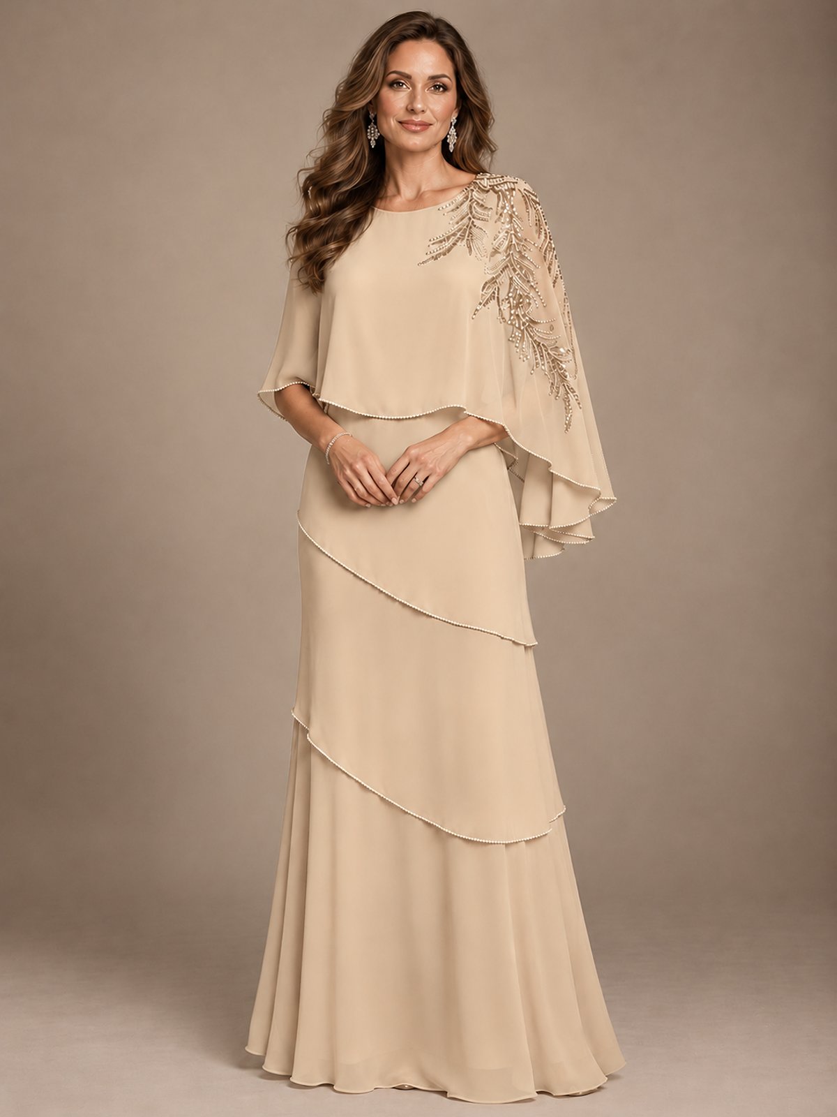 Elegant Chiffon Cape Sleeve Beaded Mother of the Bride Dress