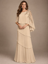 Elegant Chiffon Cape Sleeve Beaded Mother of the Bride Dress