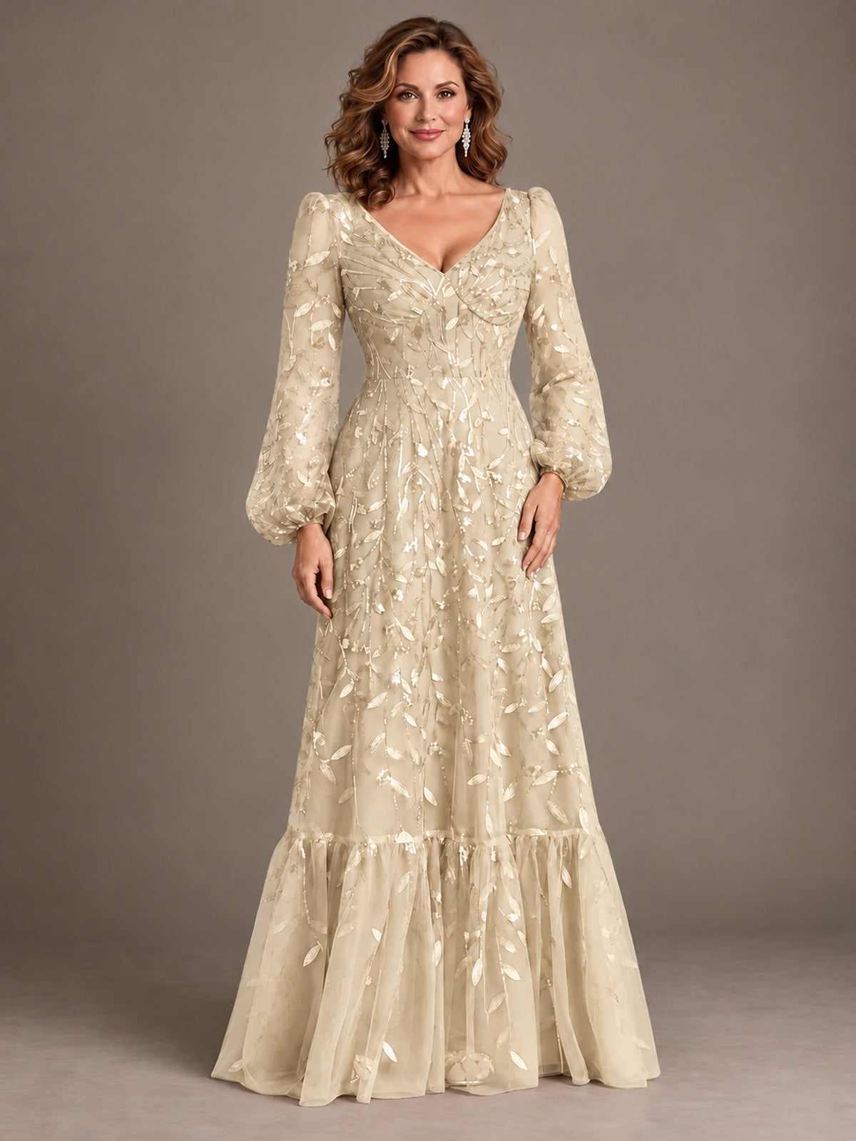 Floral Sequin Embroidered A-Line Mother of the Bride Dress with Long Sleeves