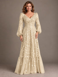 Floral Sequin Embroidered A-Line Mother of the Bride Dress with Long Sleeves