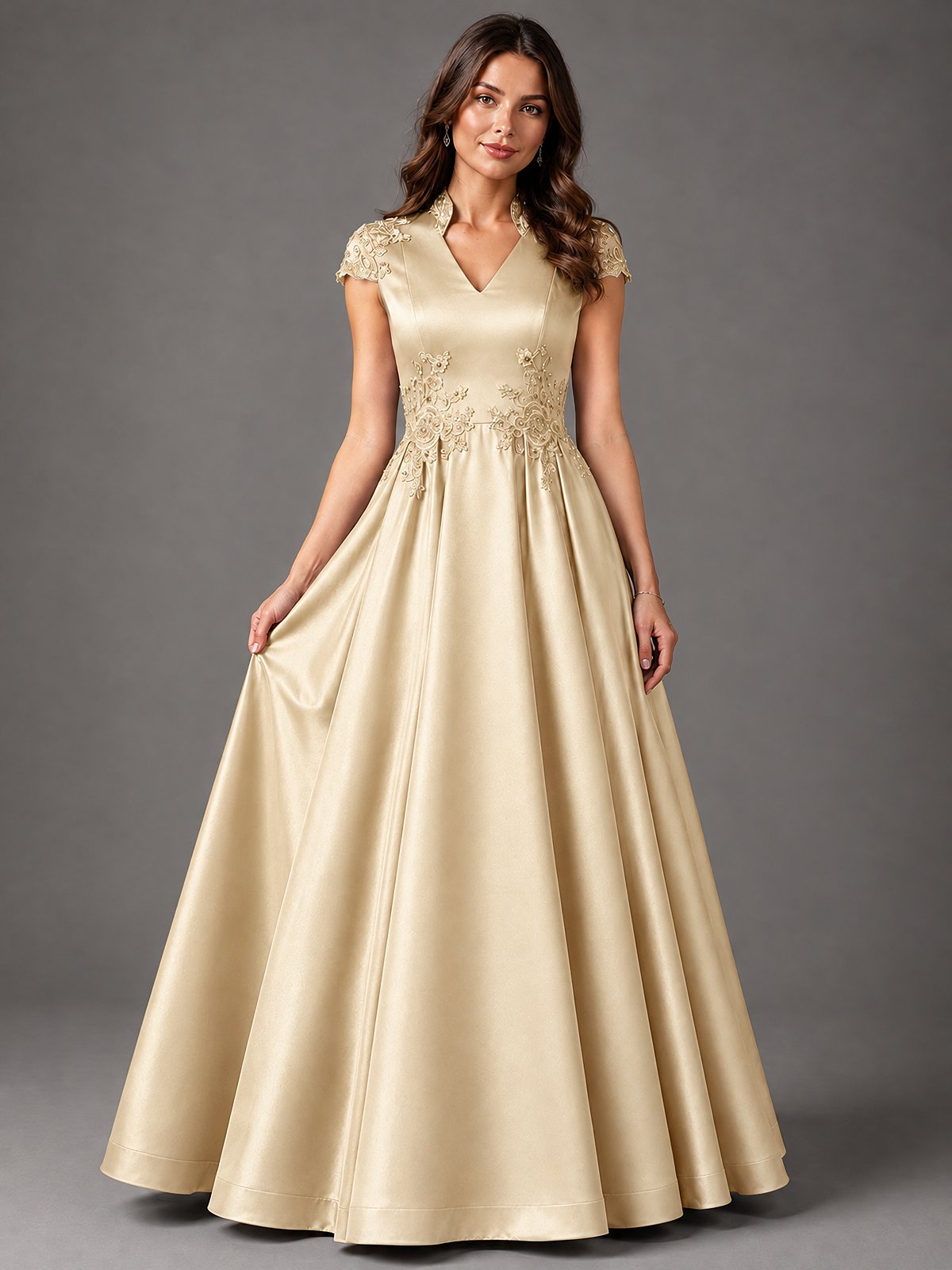 Lace Appliqué A-Line Satin Maxi Dress