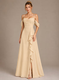 Spaghetti Strap Chiffon Bridesmaid Dress with Ruffles Slit