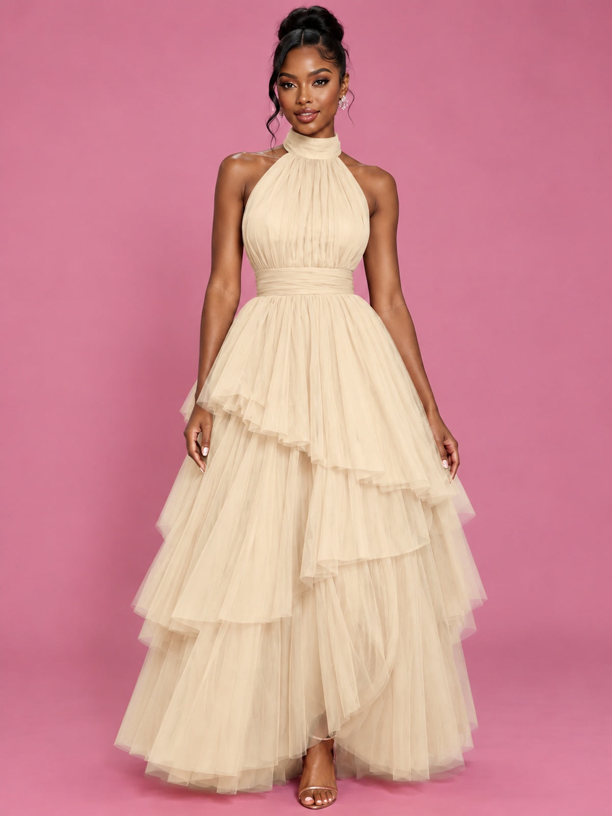 Hot Pink Tulle Halter Neck Tiered Ruffle Maxi Dress