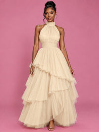 Hot Pink Tulle Halter Neck Tiered Ruffle Maxi Dress